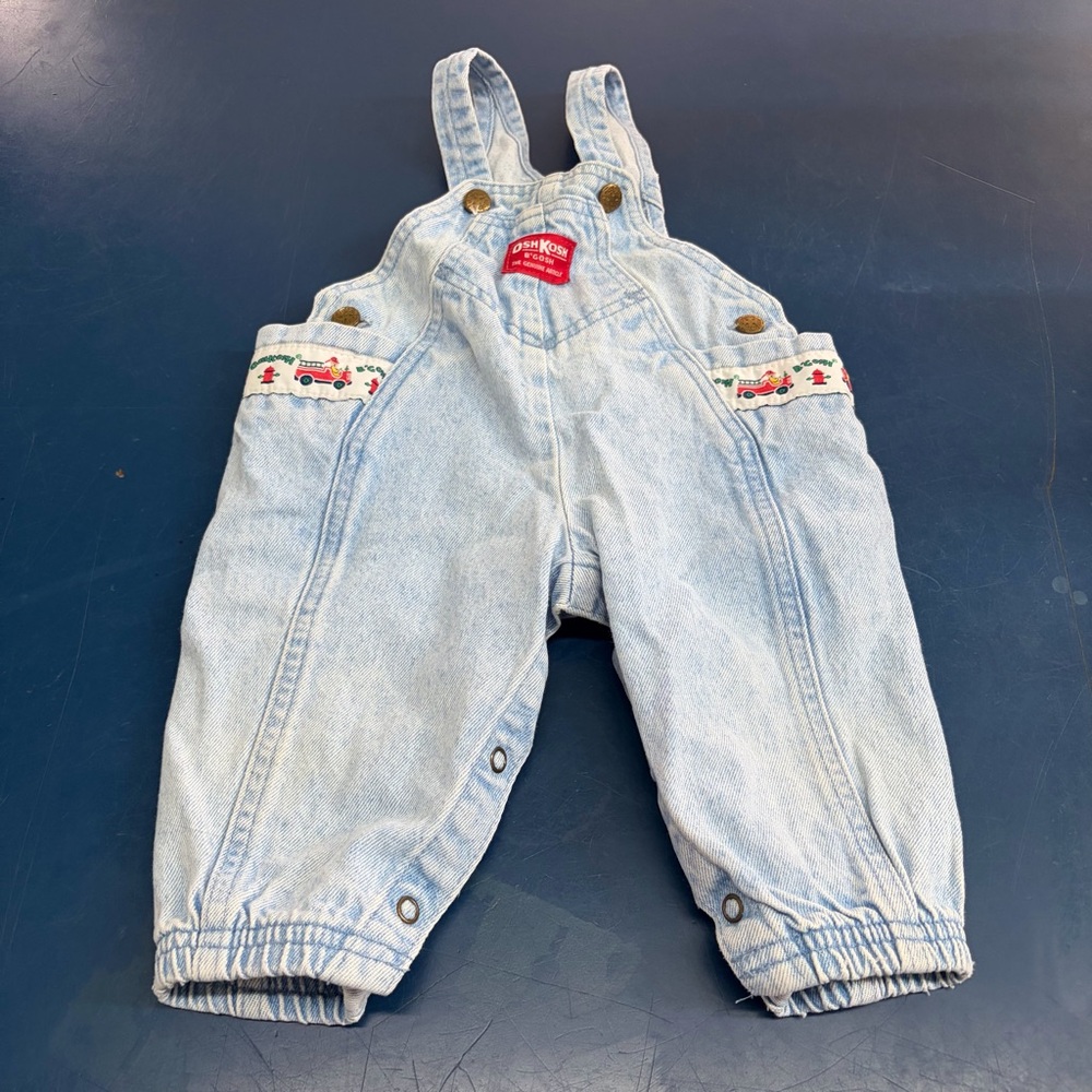Vintage OshKosh B'gosh Vestbak Light Blue Denim Overalls 3-6 months fire trucks